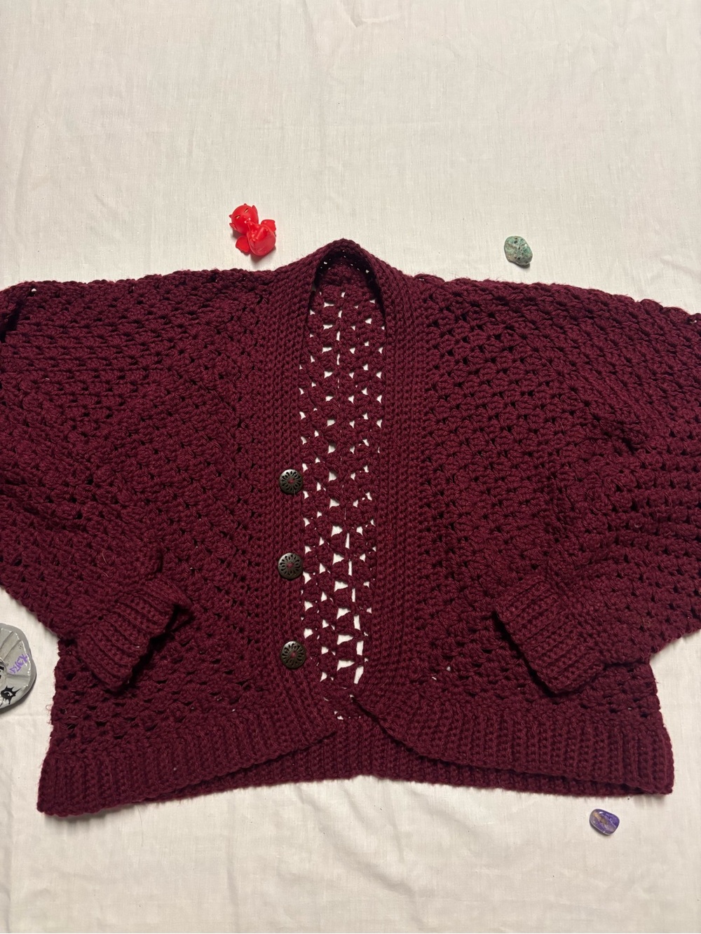 Burgundy Crochet Button Up Cardigan